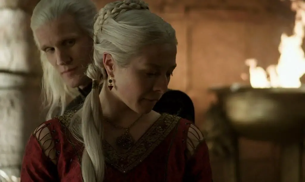 Daemon e Rhaenyra Targaryen em A Casa do Dragão