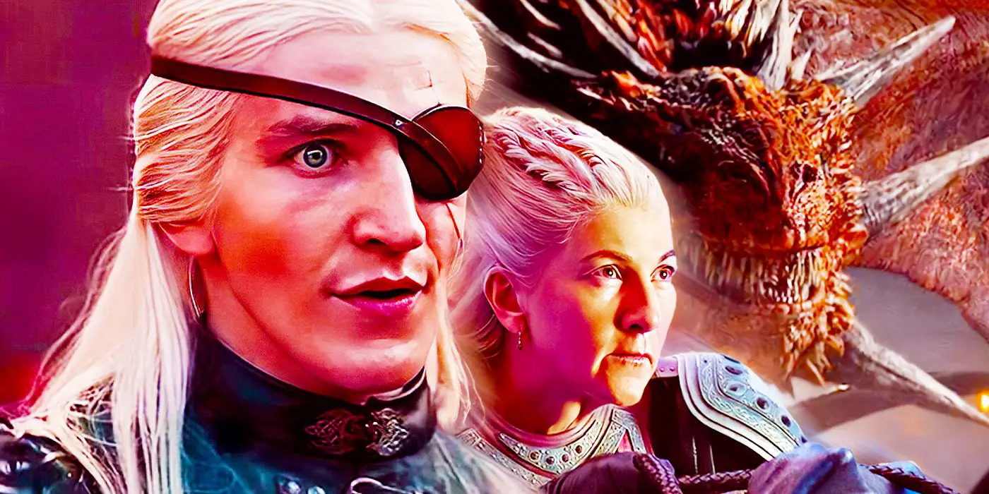 Colagem de personagens da 2ª temporada de House of the Dragon, incluindo o dragão Meleys