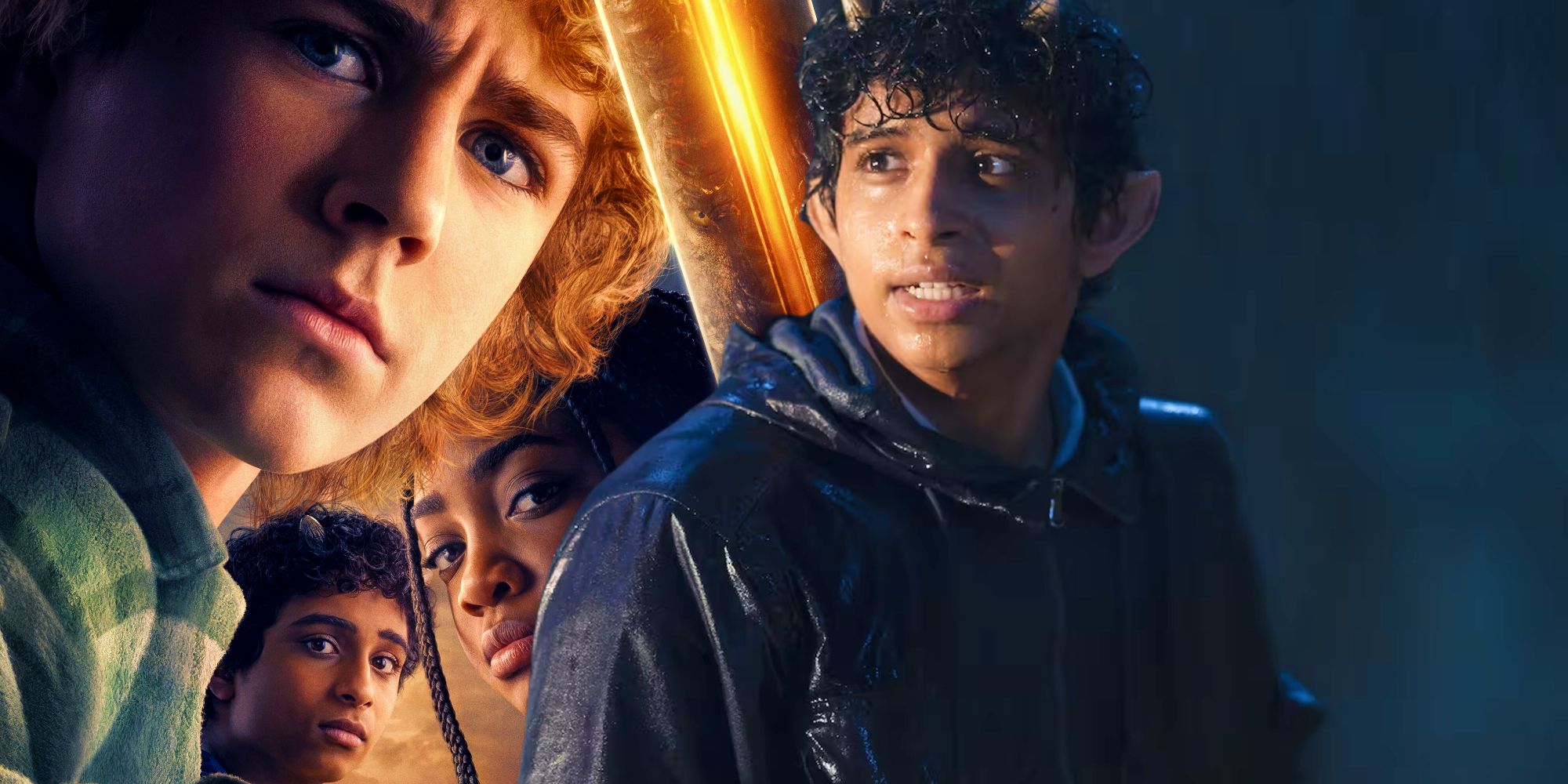 The poster for Percy Jackson season 1 next to Grover standing in the rain