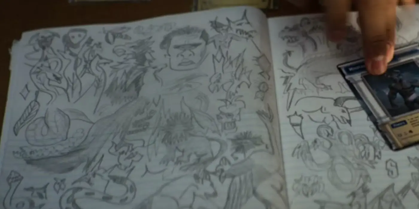Ciclope desenhado no caderno de Percy Jackson no episódio 1