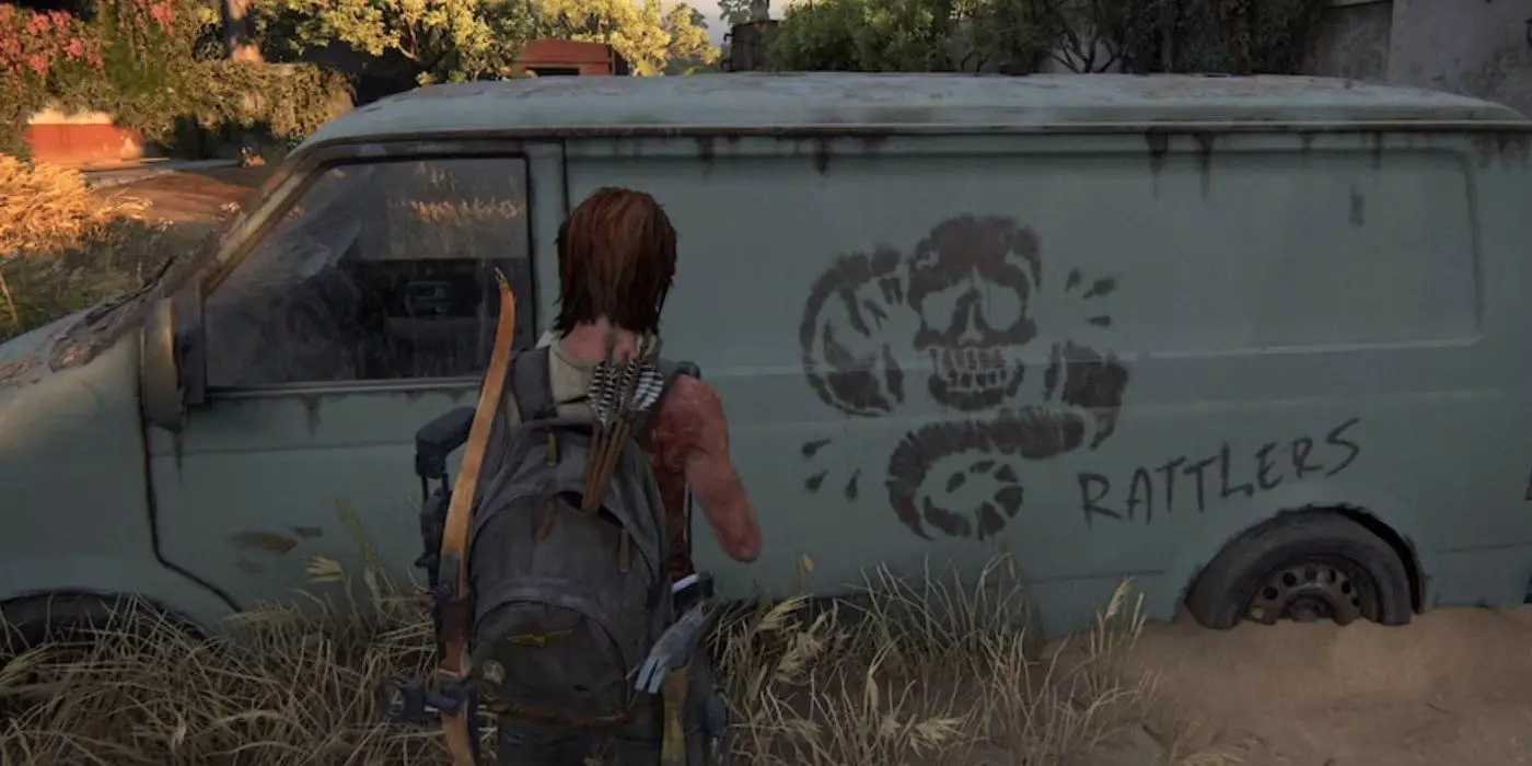 Ellie olhando van dos Rattlers em The Last of Us Parte II