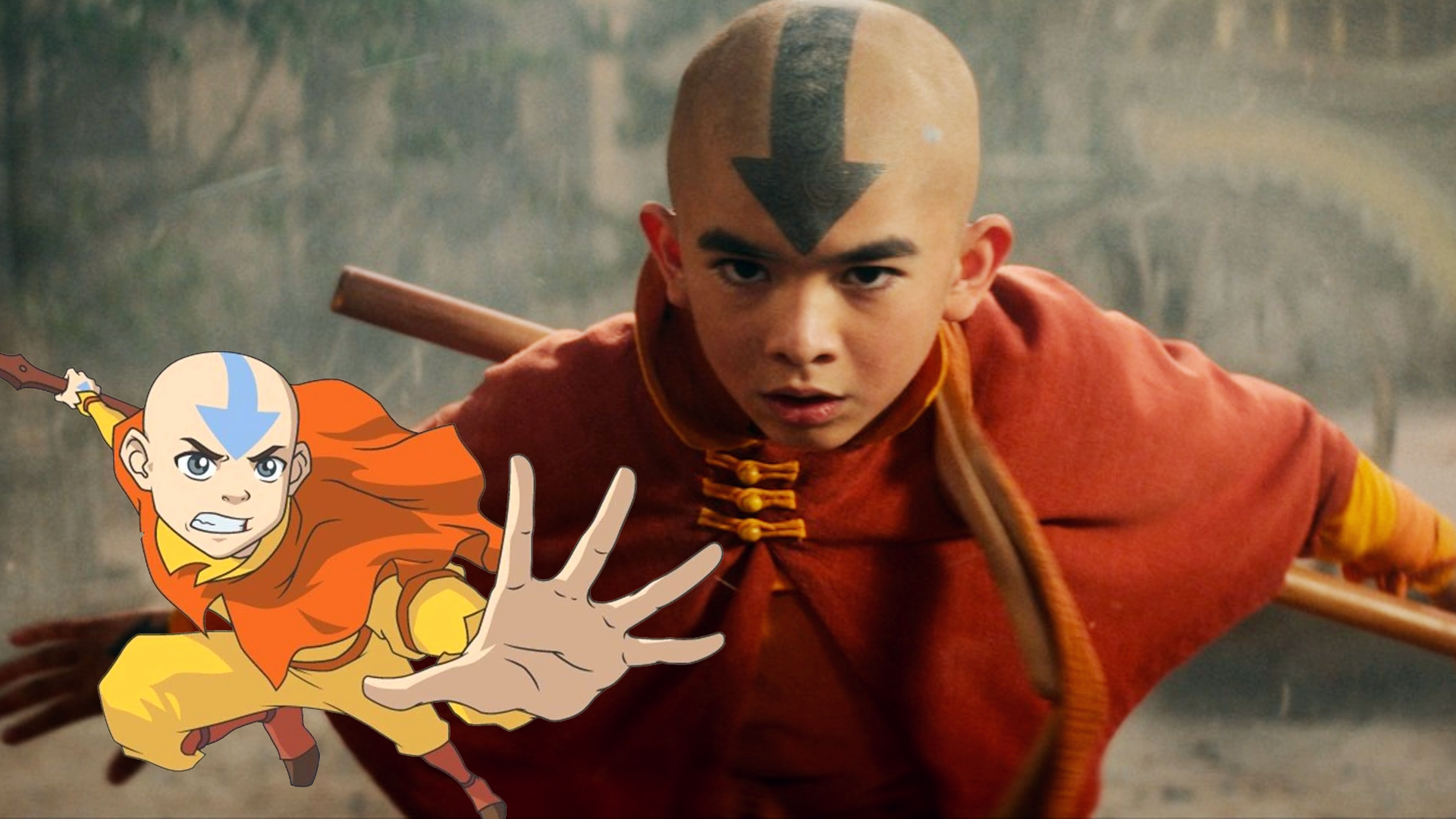 Imagem de Gordon Cormier como Aang ao lado da versão animada de Aang