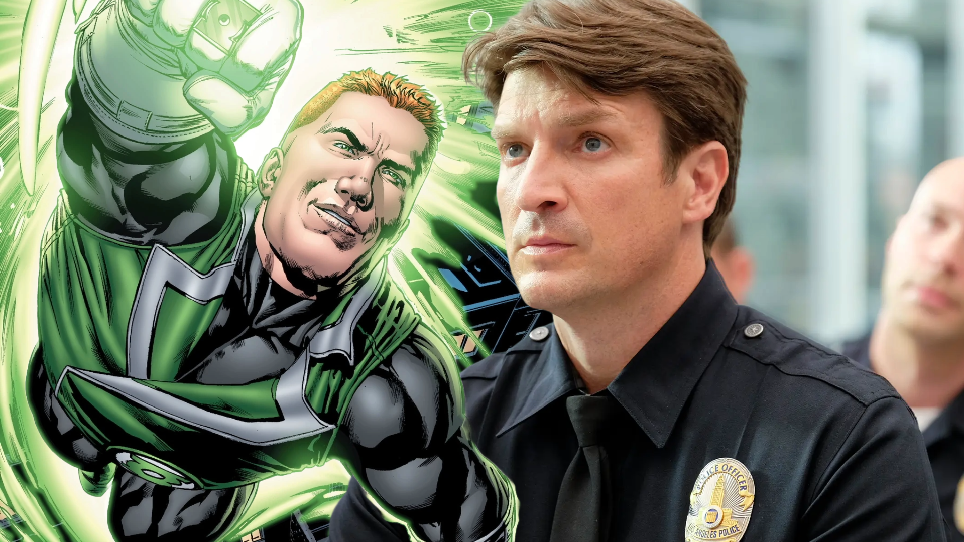 Ator Nathan Filion ao lado do personagem Lanterna Verde Guy Gardner