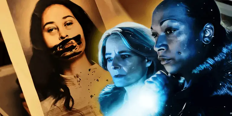 Montagem - Foto de Annie ao lado de Liz Danvers e Evangeline Navarro em True Detective: Terra Noturna