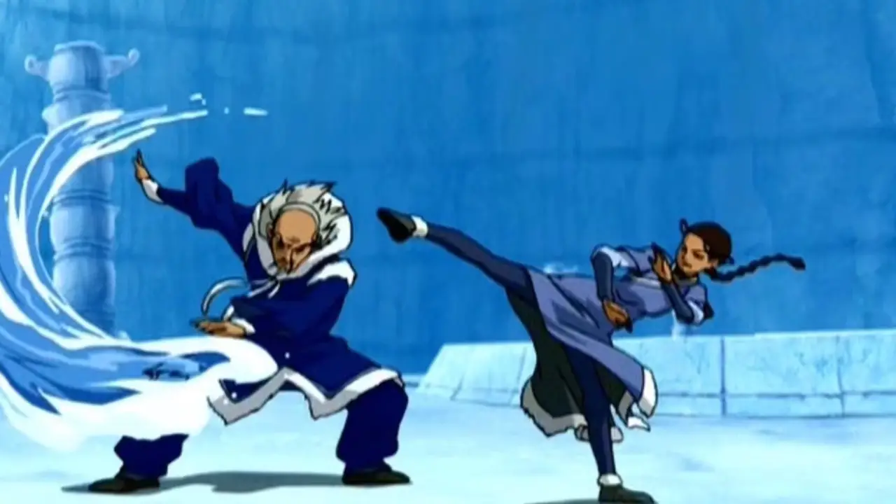 Imagem de Katara desafiando o Mestre Pakku - Episódio 18 de Avatar: A Lenda de Aang