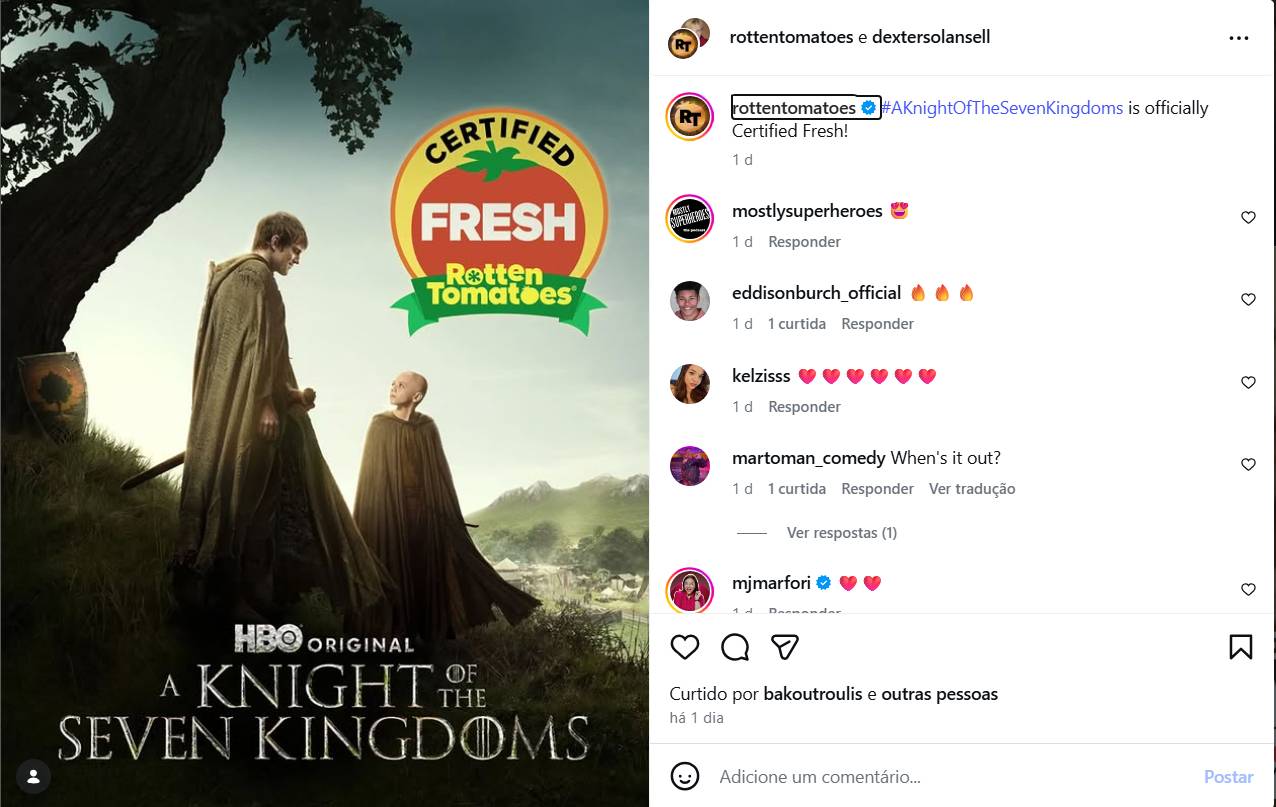 O Cavaleiro dos sete reinos está se destacando no Rotten Tomatoes
